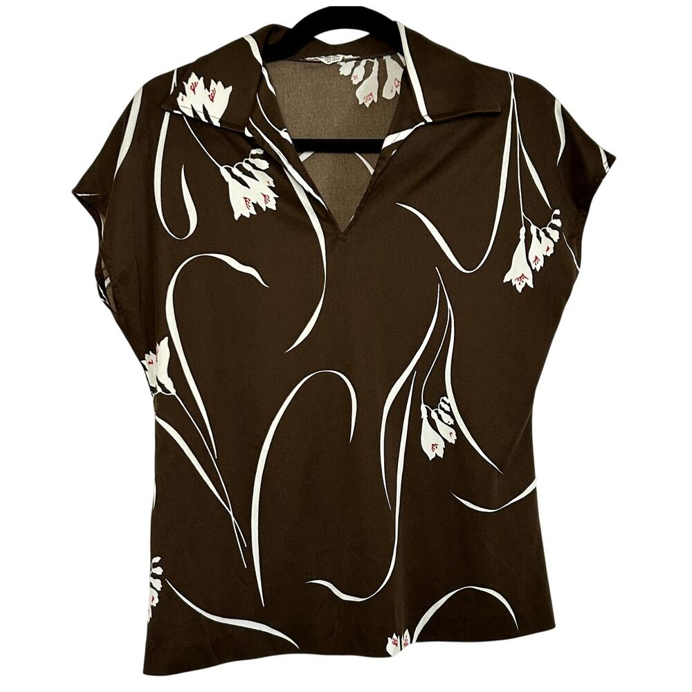 VTG 70s Mardi Modes New York Brown Floral Knit V-Neck Short Sleeve Top Medium